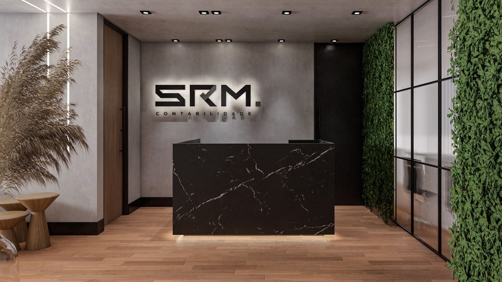 Imagem institucional da SRM, com a marca na recepção.